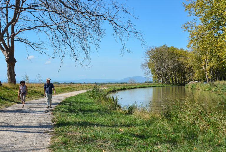Randonnée au bord du canal du Midi avec vue sur les montagnes